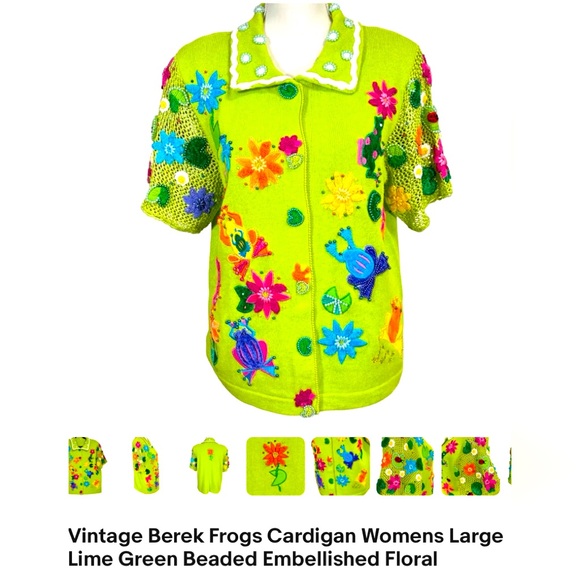 BEREK… FROGS 🐸 Hand designed, embroidery, sequined, lime, green sweater! - Picture 2 of 5